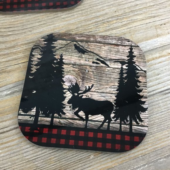 Moose Buffalo Plaid Set of 4 Hardboard Coasters - Picture 5 of 8